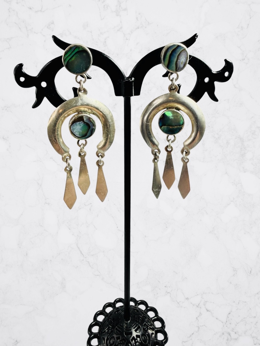 Sterling Silver 925 Cheryl Wadsworth Earrings Abalone Half Moon Zuni Dangle Drop